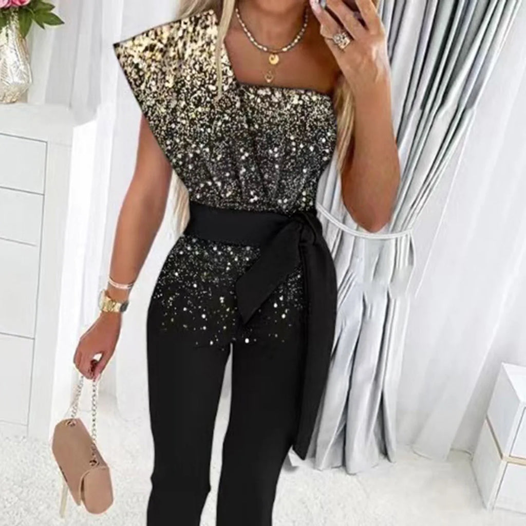 Elegant Women Sequins Patchwork Bodycon Jumpsuit