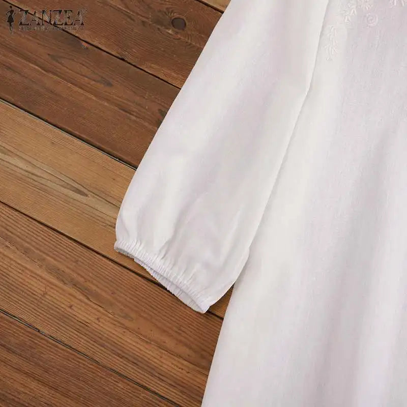 Summer Vintage Shirts Elegant OL Work Blouse Women 3/4 O Neck Sleeve Tops Embroidery Blusas Femme Causal Cotton Chemsie