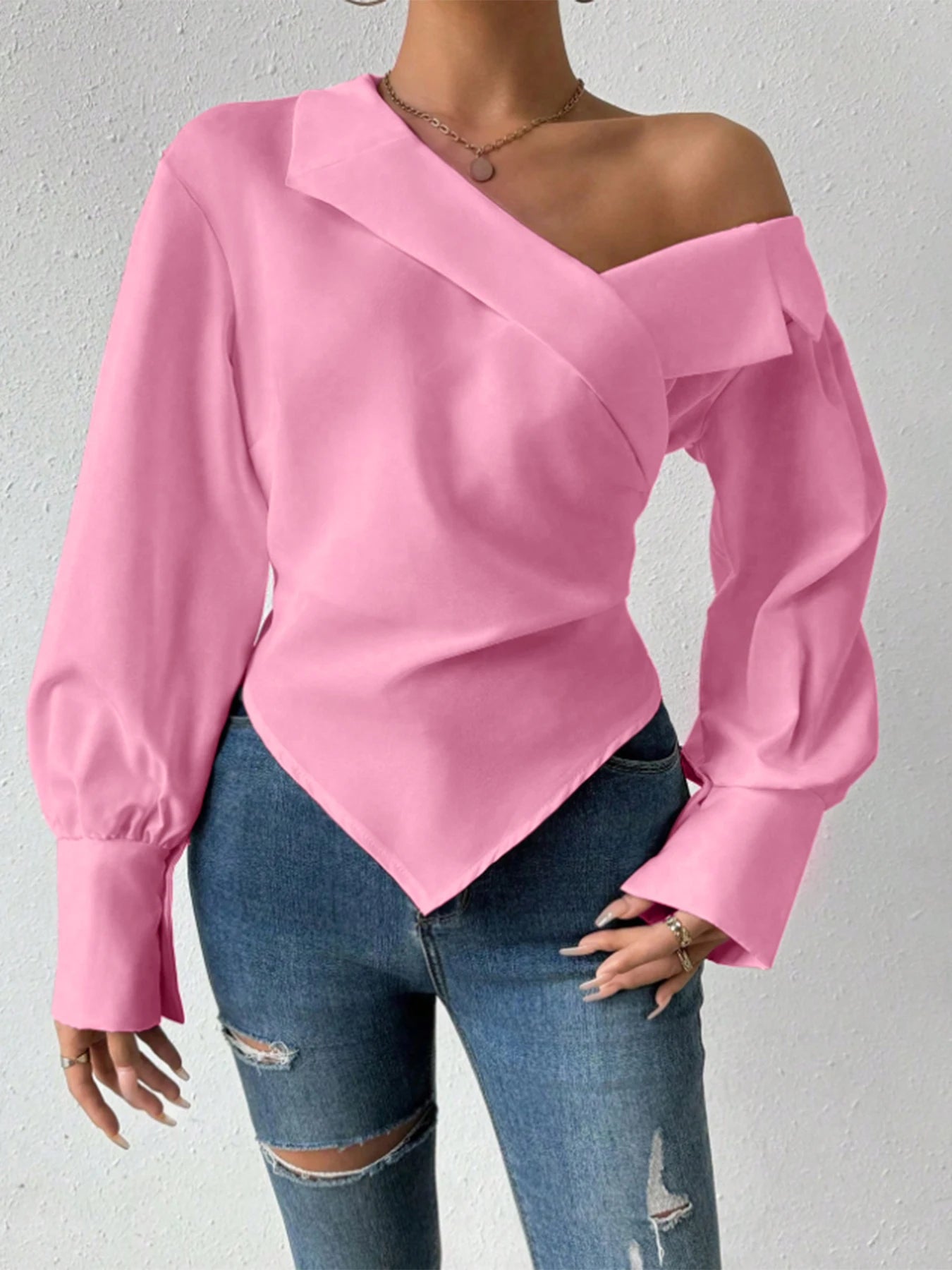 Women's T-Shirt Spring Summer Pink Off Shoulder Long Sleeve Cross Front Asymmetrical Hem Elegant Stylish Daily Casual Dating Top