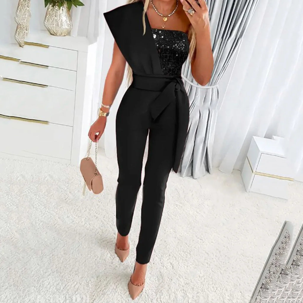 Elegant Women Sequins Patchwork Bodycon Jumpsuit