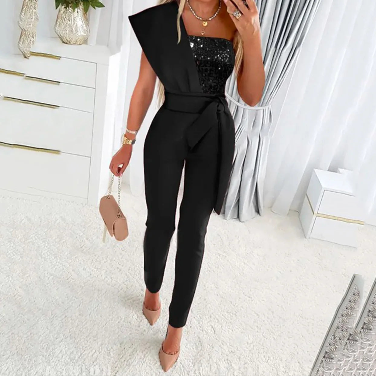 Elegant Women Sequins Patchwork Bodycon Jumpsuit