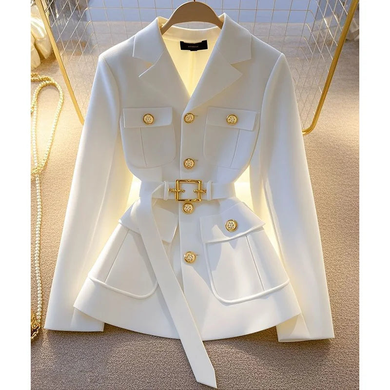 Women Blazer Coat New 2026 Autumn Long Sleeve Single Breasted Belt Pocket Elegant Office Ladies Suit Jacket Lady Outerwear Tops