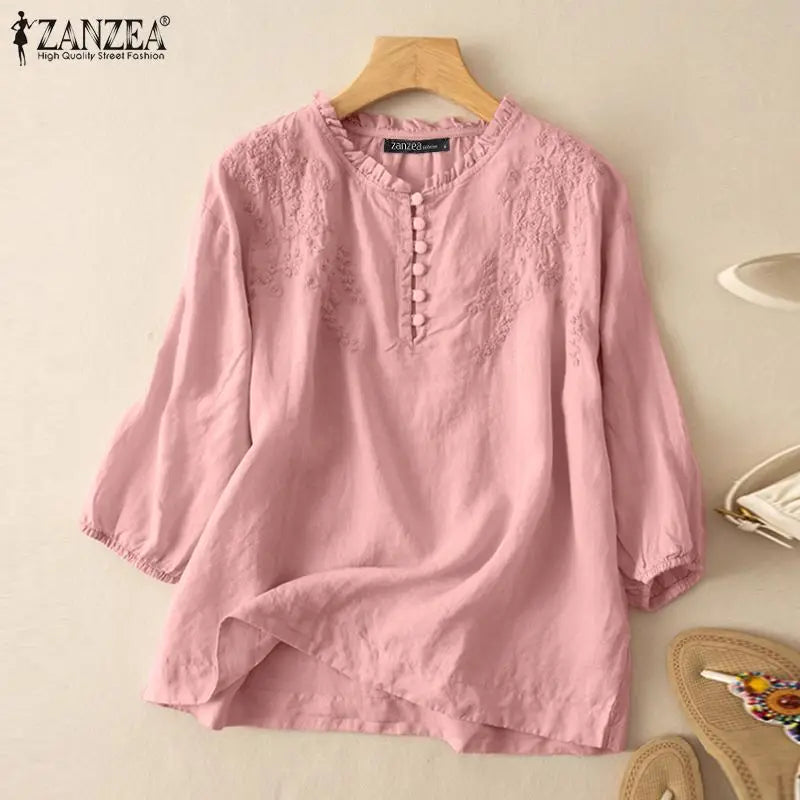 Summer Vintage Shirts Elegant OL Work Blouse Women 3/4 O Neck Sleeve Tops Embroidery Blusas Femme Causal Cotton Chemsie