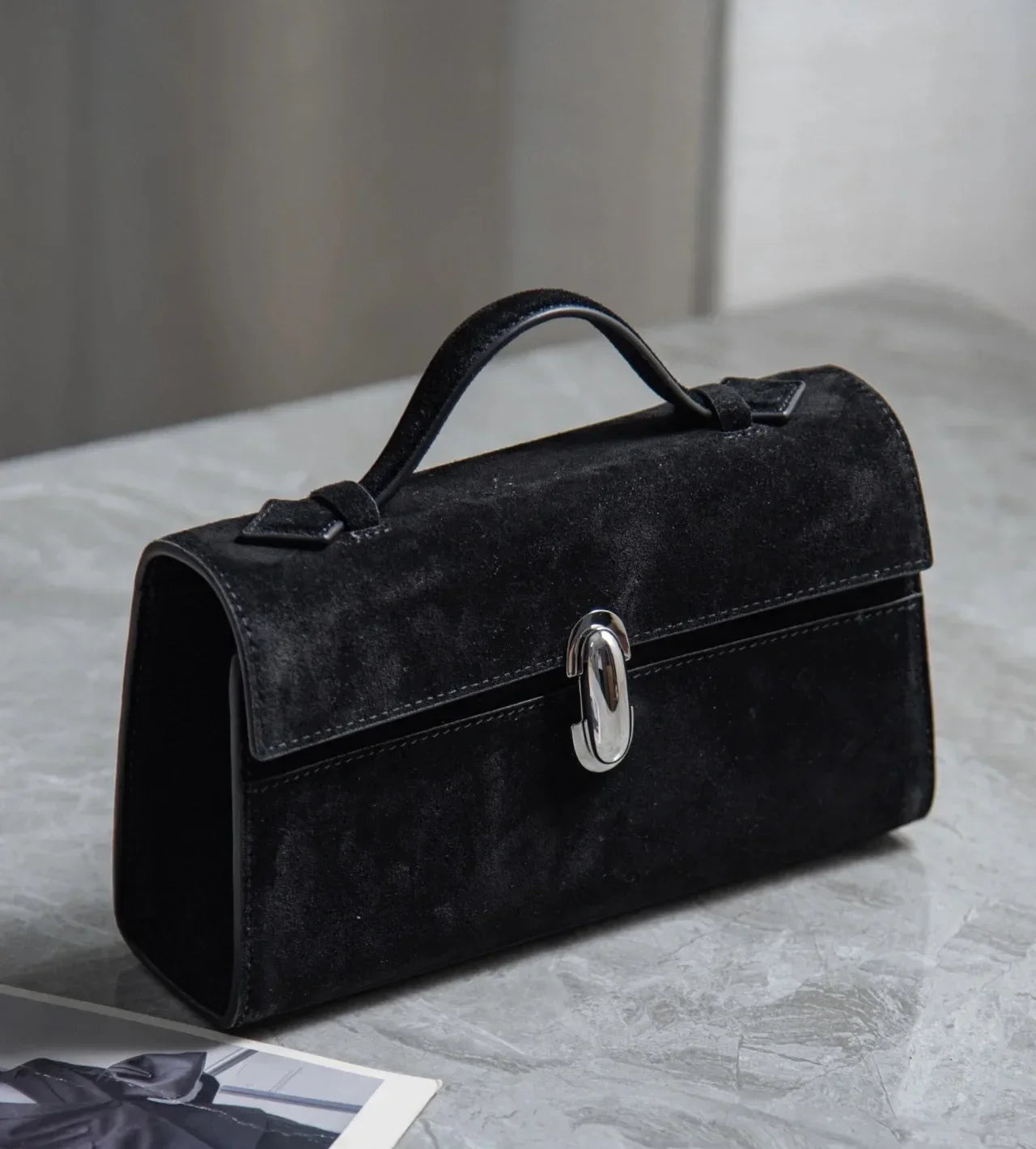 SAVETTE Symmetry Pochette Leather Tote Bag Women Top Handle Bags Genuine Leather Suede Solid Color Simple Handbag Square Bag
