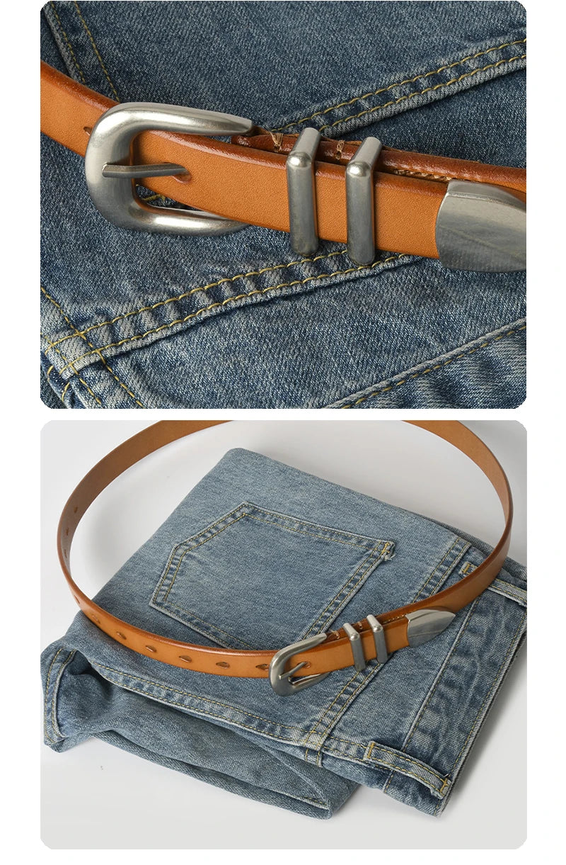 VATLTY 2.3cm Leather Belt for Women Zinc Alloy Silver Buckle Natural Cowhide Casual Belt Genuine Leather Thin Belt Female