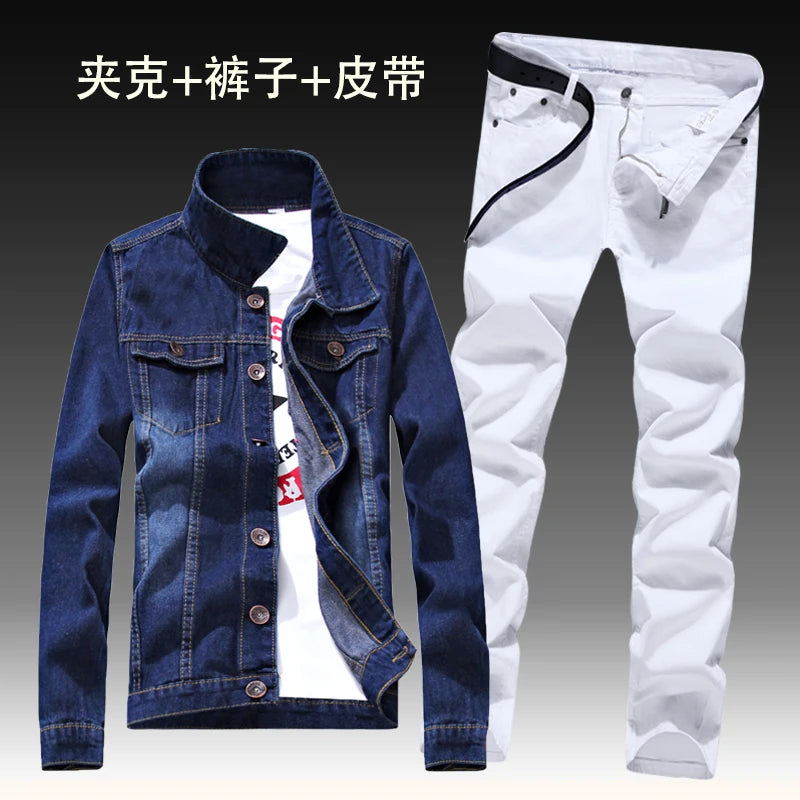 Autumn New Mens Denim Jacket Jeans Pants Slim Fit Pencil Pant Long Sleeve Coat Long Trousers 2pcs Set Size S-3XL for Male