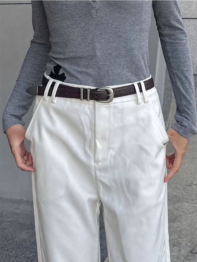 Unisex Vintage Belt Genuine Leather Cowskin Waistband Black with Silver Buckle for Men and Women Fashion Belt for Jeans Pants
