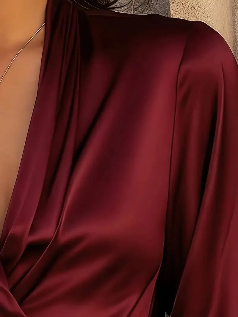 Sexy Deep V-neck Long-sleeved Women's Shirt Fashion Satin Drape Fabric Autumn