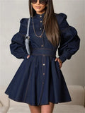 Denim Dresses Women Autumn Fashion Vintage Lace Up Long Sleeve Mini Dress Street Trendy High Waist Elegant Dress