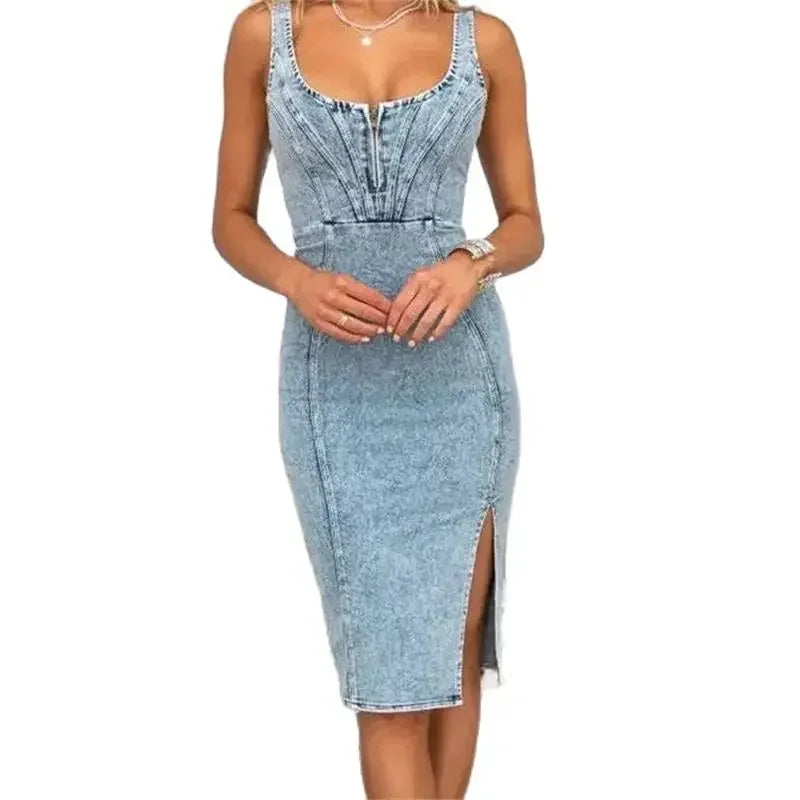 Vintage Slim Fit Denim Wrap Hip Dresses Women Casual Backless Suspenders Dress Female Front Back Zipper Split Hem Midi Gown 2024