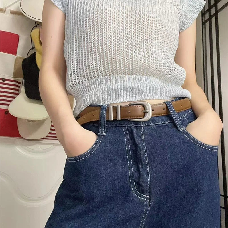 Unisex Vintage Belt Genuine Leather Cowskin Waistband Black with Silver Buckle for Men and Women Fashion Belt for Jeans Pants