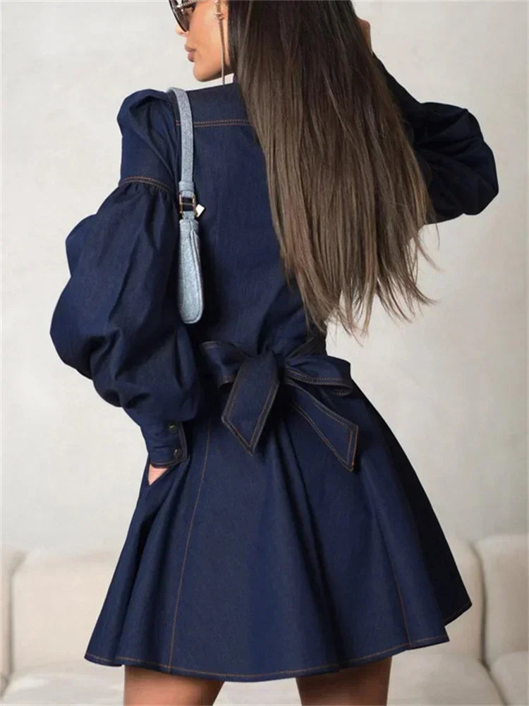 Denim Dresses Women Autumn Fashion Vintage Lace Up Long Sleeve Mini Dress Street Trendy High Waist Elegant Dress