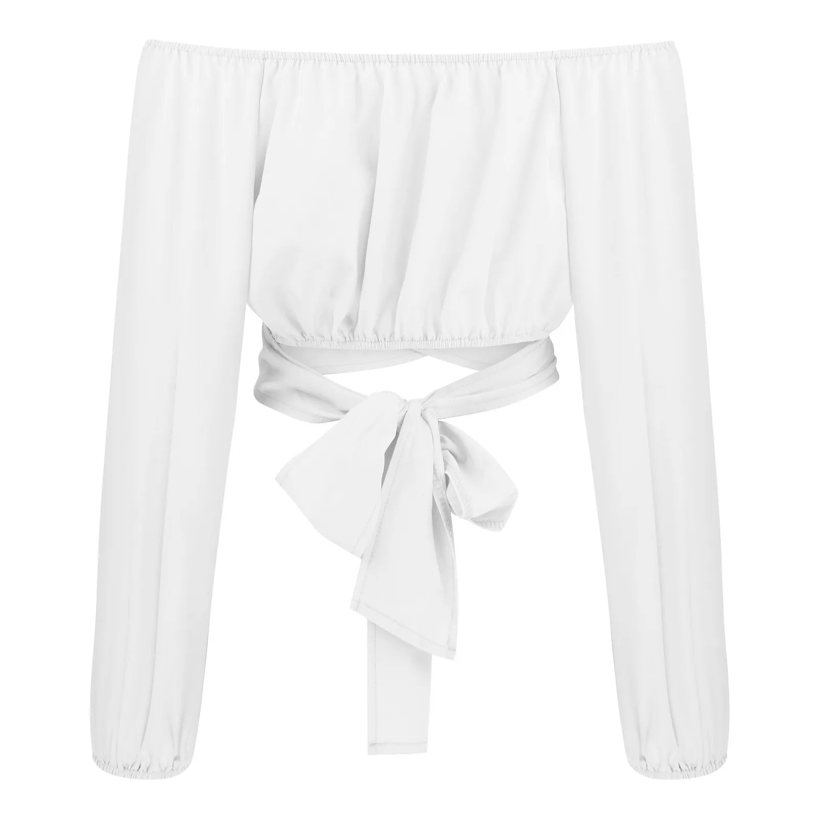 Women Sexy Off Shoulder Blouse Chic and Elegant Printing Lantern Long Sleeve Lace Up Bow Cropped Tops Casual Slim Shirts 2024