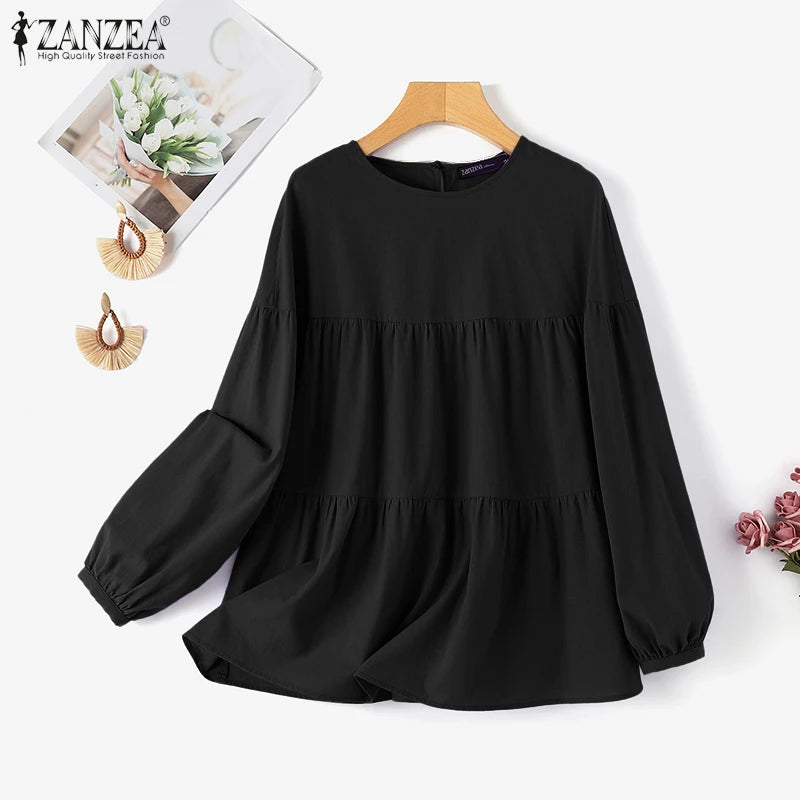 ZANZEA Autumn Vintage Cotton Blouse Woman Long Sleeve O-Neck Shirt Female Casual Solid Blusas Fashion Button Cuffs Chemise 2023
