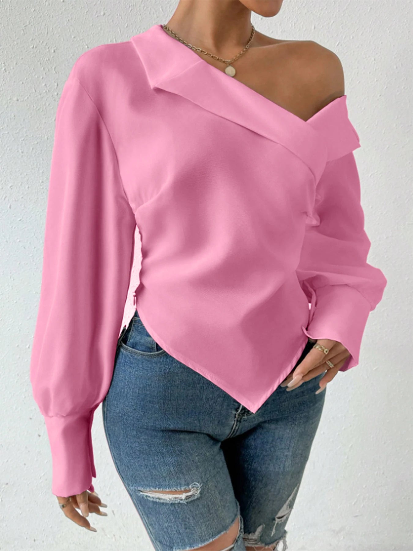 Women's T-Shirt Spring Summer Pink Off Shoulder Long Sleeve Cross Front Asymmetrical Hem Elegant Stylish Daily Casual Dating Top