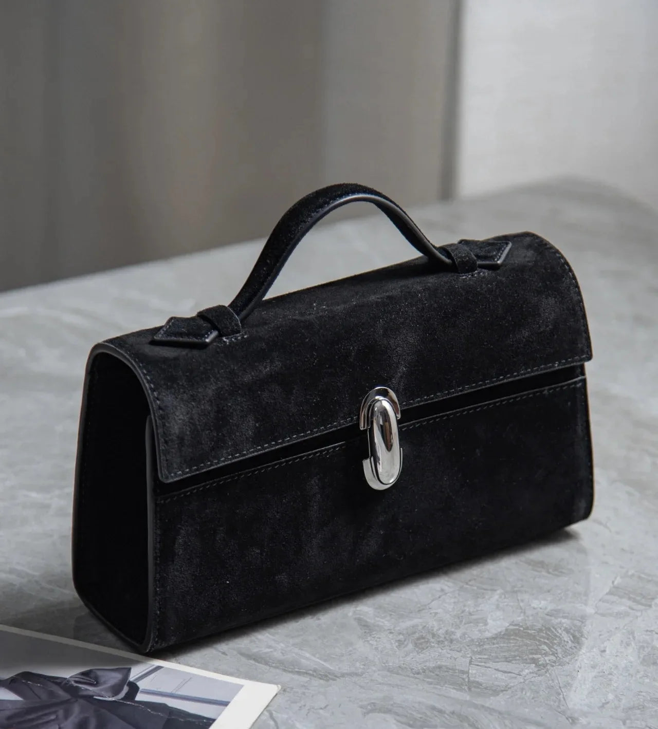 SAVETTE Symmetry Pochette Leather Tote Bag Women Top Handle Bags Genuine Leather Suede Solid Color Simple Handbag Square Bag