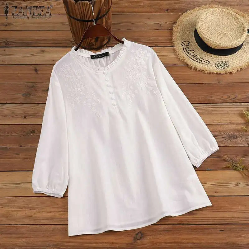 Summer Vintage Shirts Elegant OL Work Blouse Women 3/4 O Neck Sleeve Tops Embroidery Blusas Femme Causal Cotton Chemsie