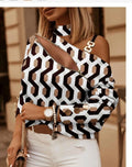 New Spring Summer Women's Fashion Printed Shirt With Zipper Metal Buckle Sexy Off Shoulder Casual Loose Long Sleeve Shirt