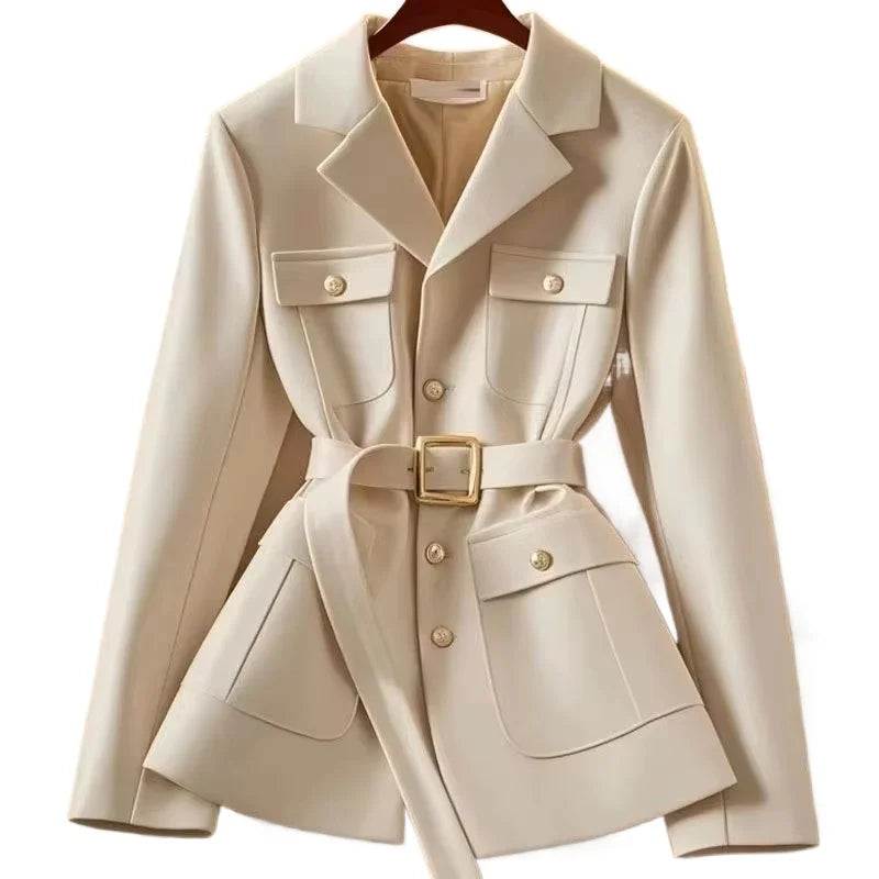 Women Blazer Coat New 2026 Autumn Long Sleeve Single Breasted Belt Pocket Elegant Office Ladies Suit Jacket Lady Outerwear Tops
