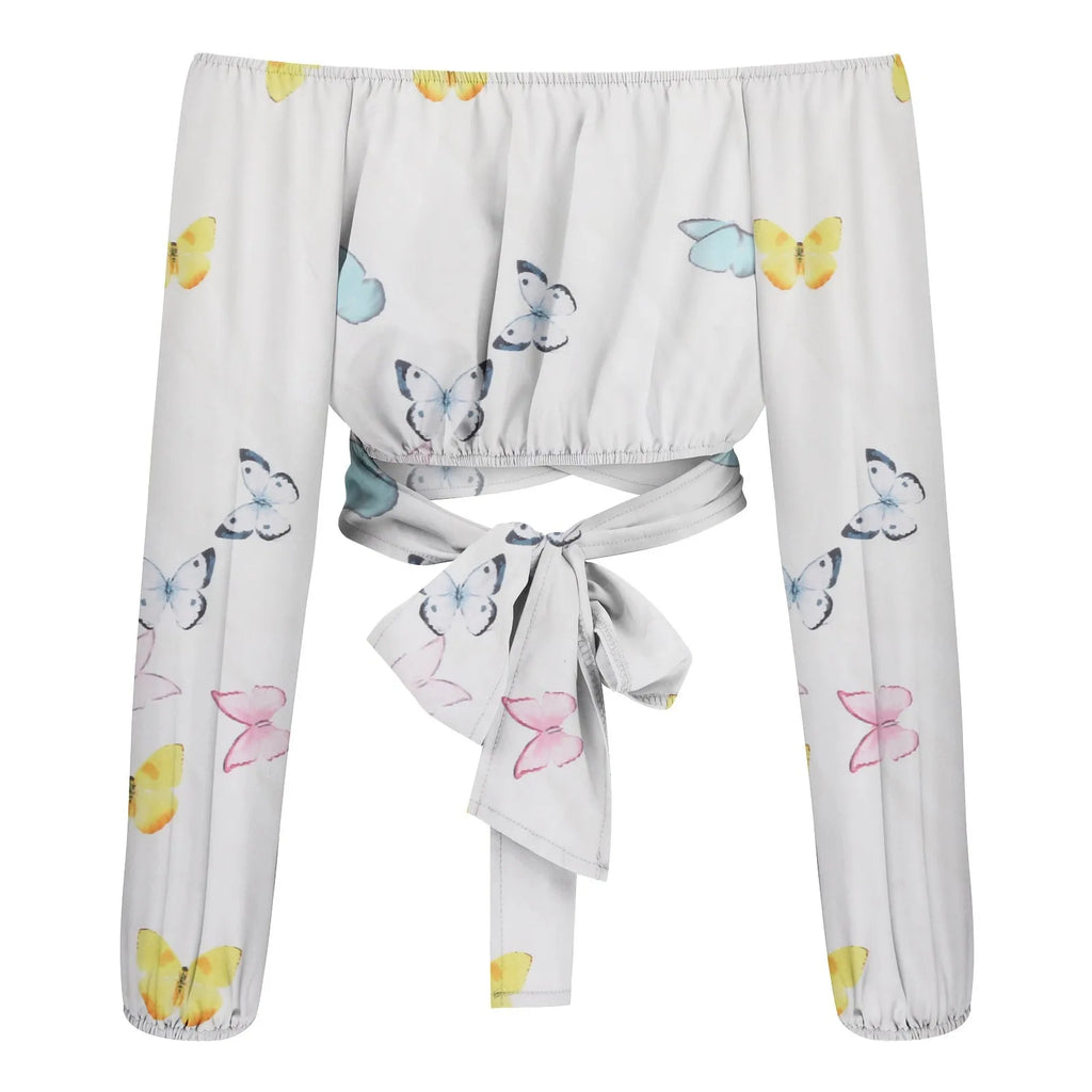 Women Sexy Off Shoulder Blouse Chic and Elegant Printing Lantern Long Sleeve Lace Up Bow Cropped Tops Casual Slim Shirts 2024