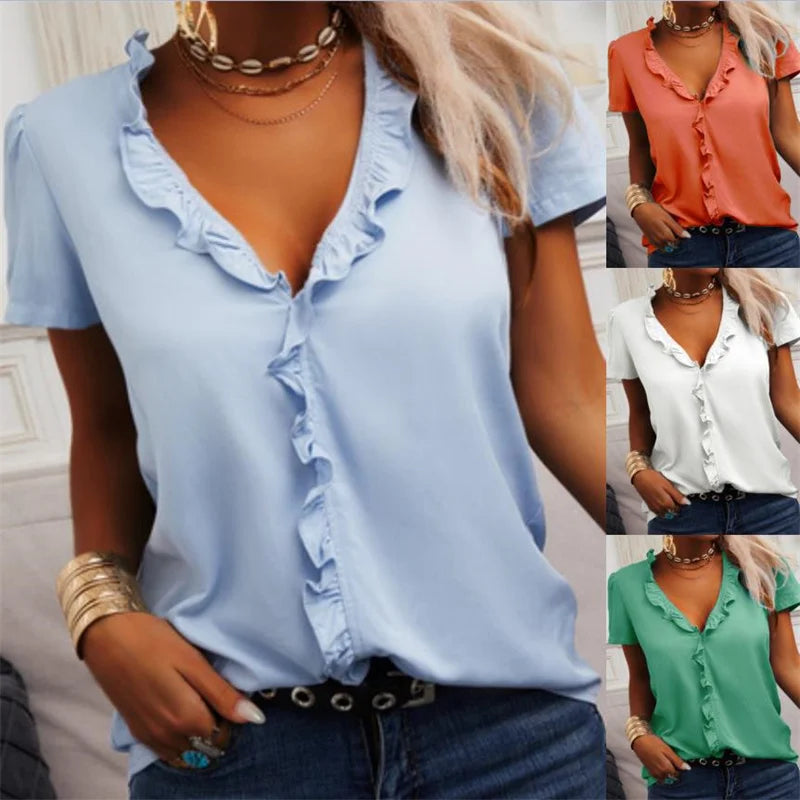 Solid Color Loose Short-Sleeved V-Neck Lotus Women Blouses Cotton Blouses 2022 Summer Shirt Tops Leisure Fashion Women Shirt