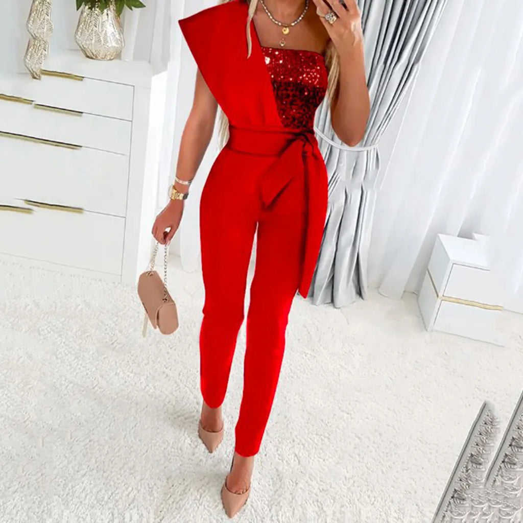 Elegant Women Sequins Patchwork Bodycon Jumpsuit