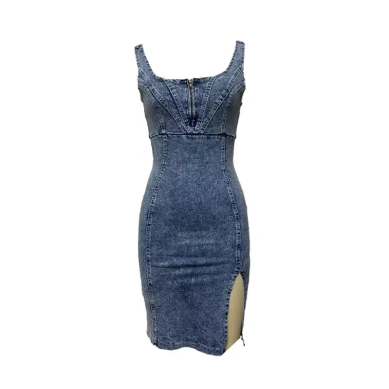 Vintage Slim Fit Denim Wrap Hip Dresses Women Casual Backless Suspenders Dress Female Front Back Zipper Split Hem Midi Gown 2024