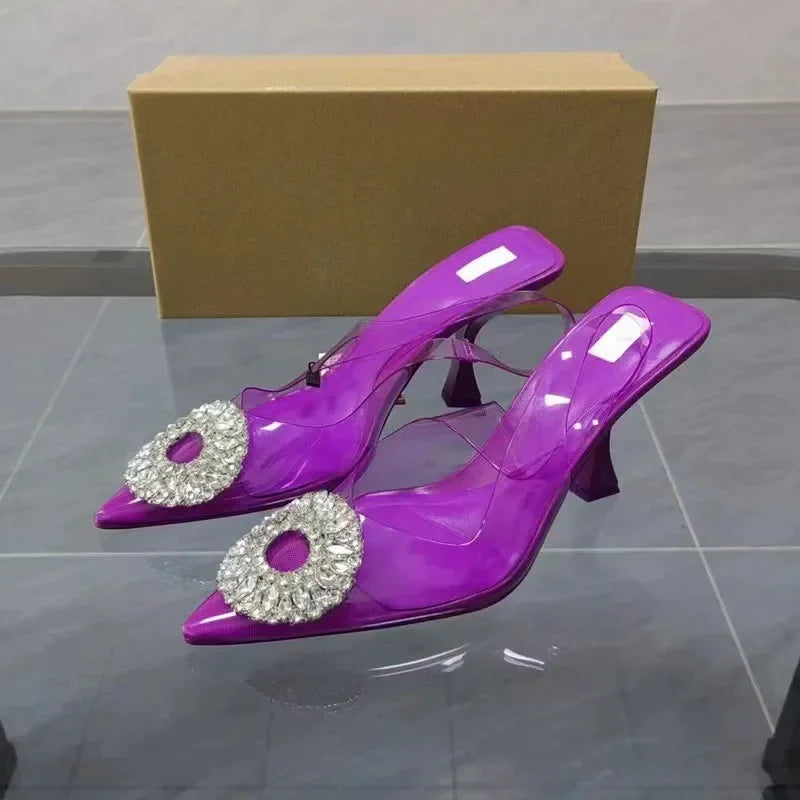 Fashionable Pointed Toe High Heels Diamond Embellished PVC Versatile Elegant Spring Summer New Arrival Single Shoes