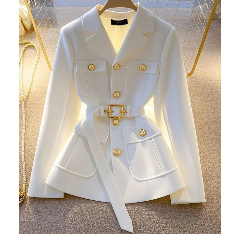 Women Blazer Coat New 2026 Autumn Long Sleeve Single Breasted Belt Pocket Elegant Office Ladies Suit Jacket Lady Outerwear Tops