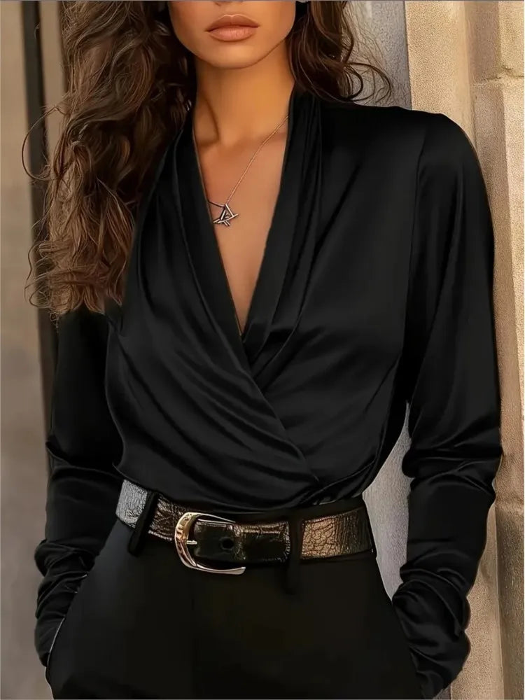 Sexy Deep V-neck Long-sleeved Women's Shirt Fashion Satin Drape Fabric Autumn