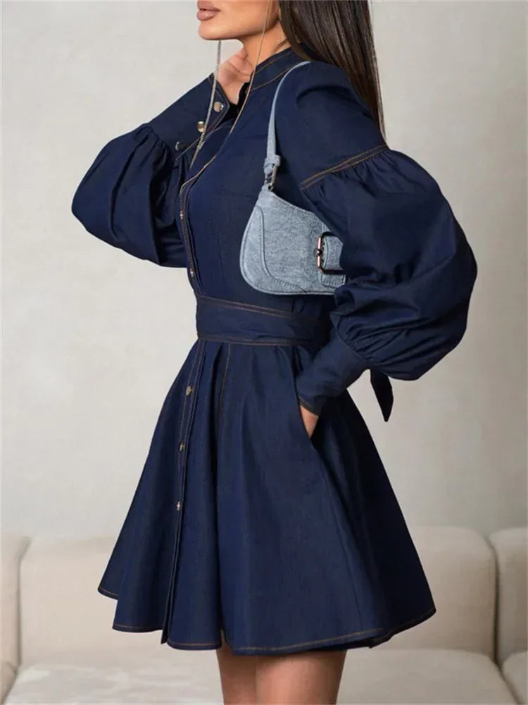 Denim Dresses Women Autumn Fashion Vintage Lace Up Long Sleeve Mini Dress Street Trendy High Waist Elegant Dress