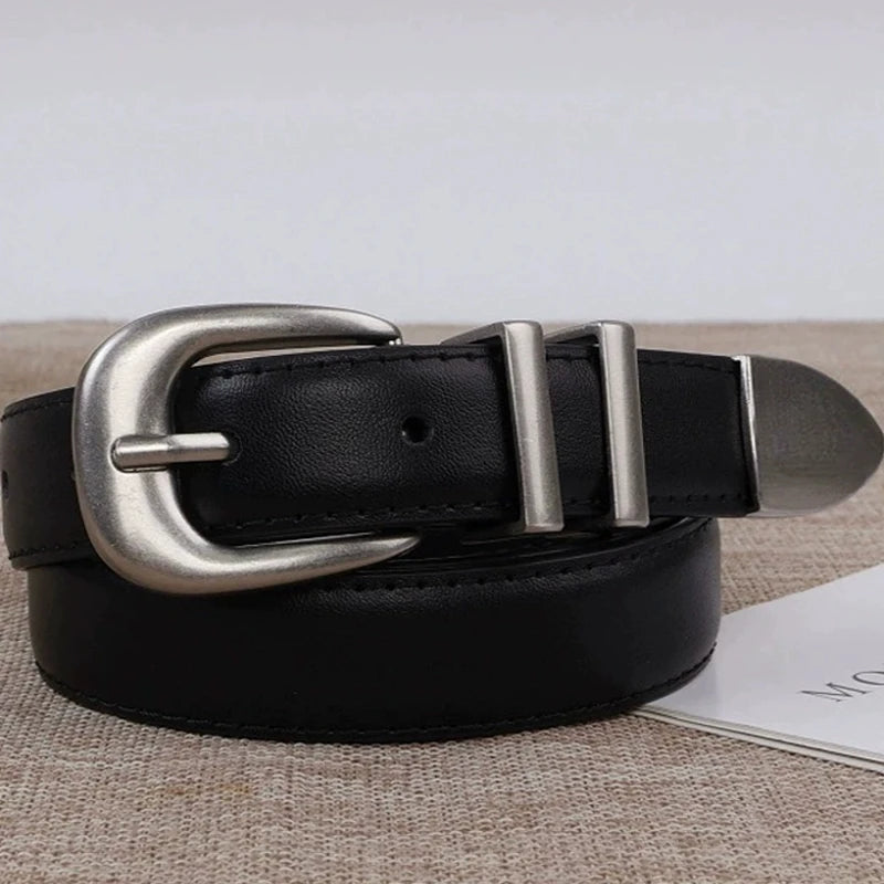 Unisex Vintage Belt Genuine Leather Cowskin Waistband Black with Silver Buckle for Men and Women Fashion Belt for Jeans Pants