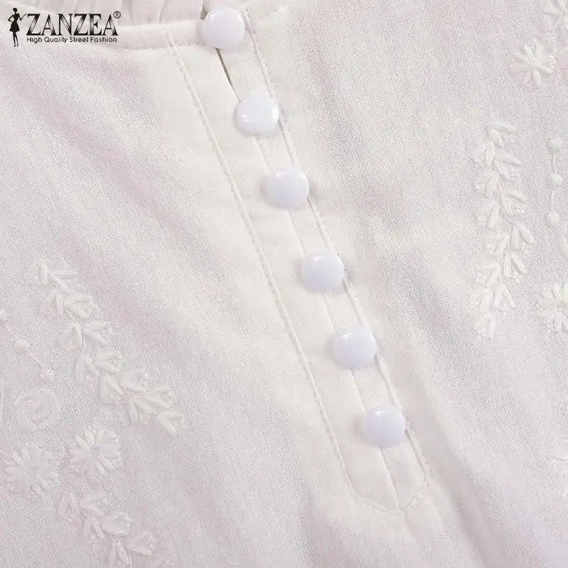 Summer Vintage Shirts Elegant OL Work Blouse Women 3/4 O Neck Sleeve Tops Embroidery Blusas Femme Causal Cotton Chemsie