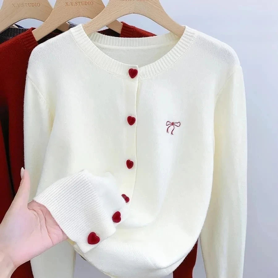 Omen's Clothing Vintage Love Button Knit Cardigan Autumn/Winter Fashion All-match Bowknot Embroidery Sweaters Lady Elegant Tops