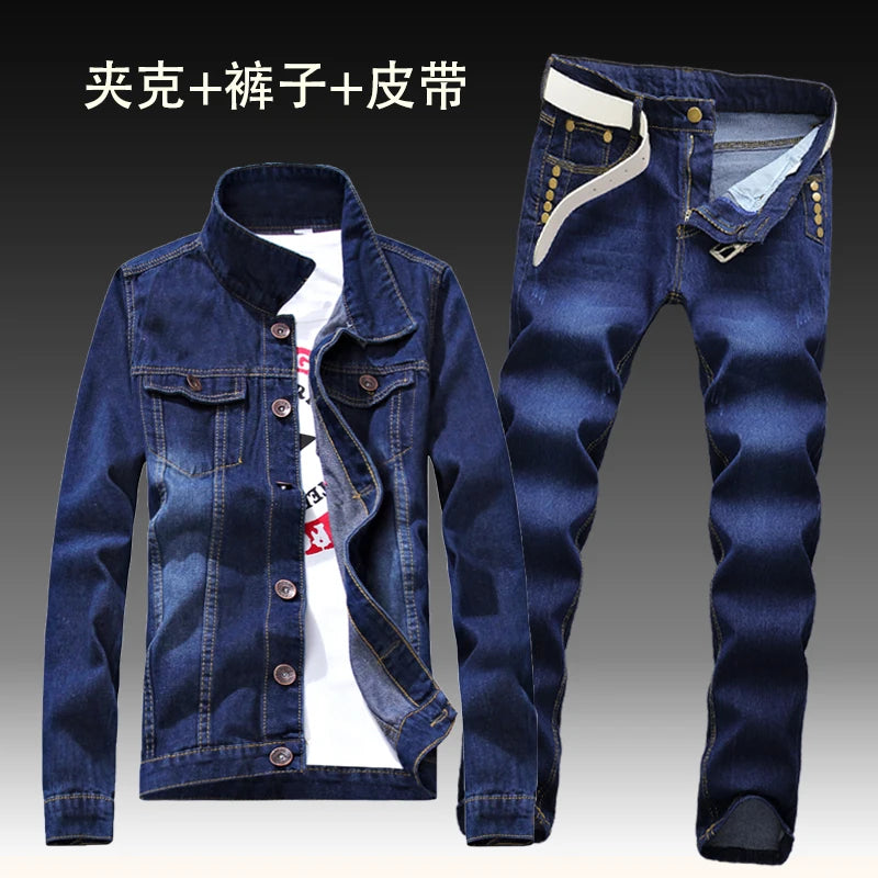 Autumn New Mens Denim Jacket Jeans Pants Slim Fit Pencil Pant Long Sleeve Coat Long Trousers 2pcs Set Size S-3XL for Male