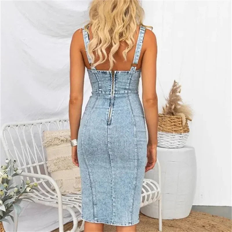 Vintage Slim Fit Denim Wrap Hip Dresses Women Casual Backless Suspenders Dress Female Front Back Zipper Split Hem Midi Gown 2024
