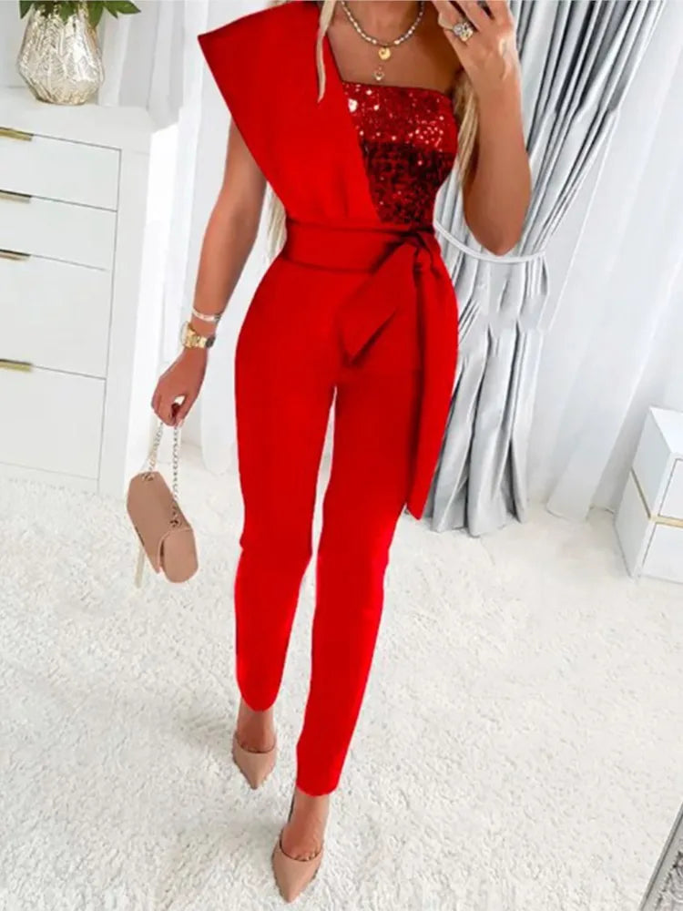 Elegant Women Sequins Patchwork Bodycon Jumpsuit