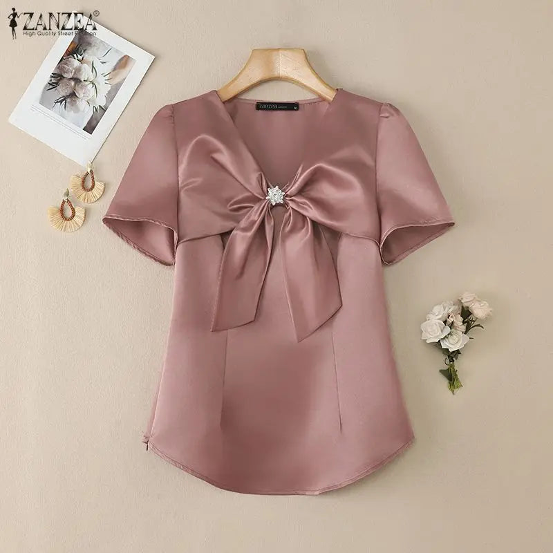 Women's Elegant Satin Blouses V-Neck Short Sleeve Knotted Bow Diamond Details Solid Color