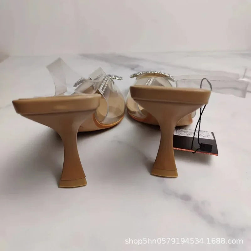 Fashionable Pointed Toe High Heels Diamond Embellished PVC Versatile Elegant Spring Summer New Arrival Single Shoes