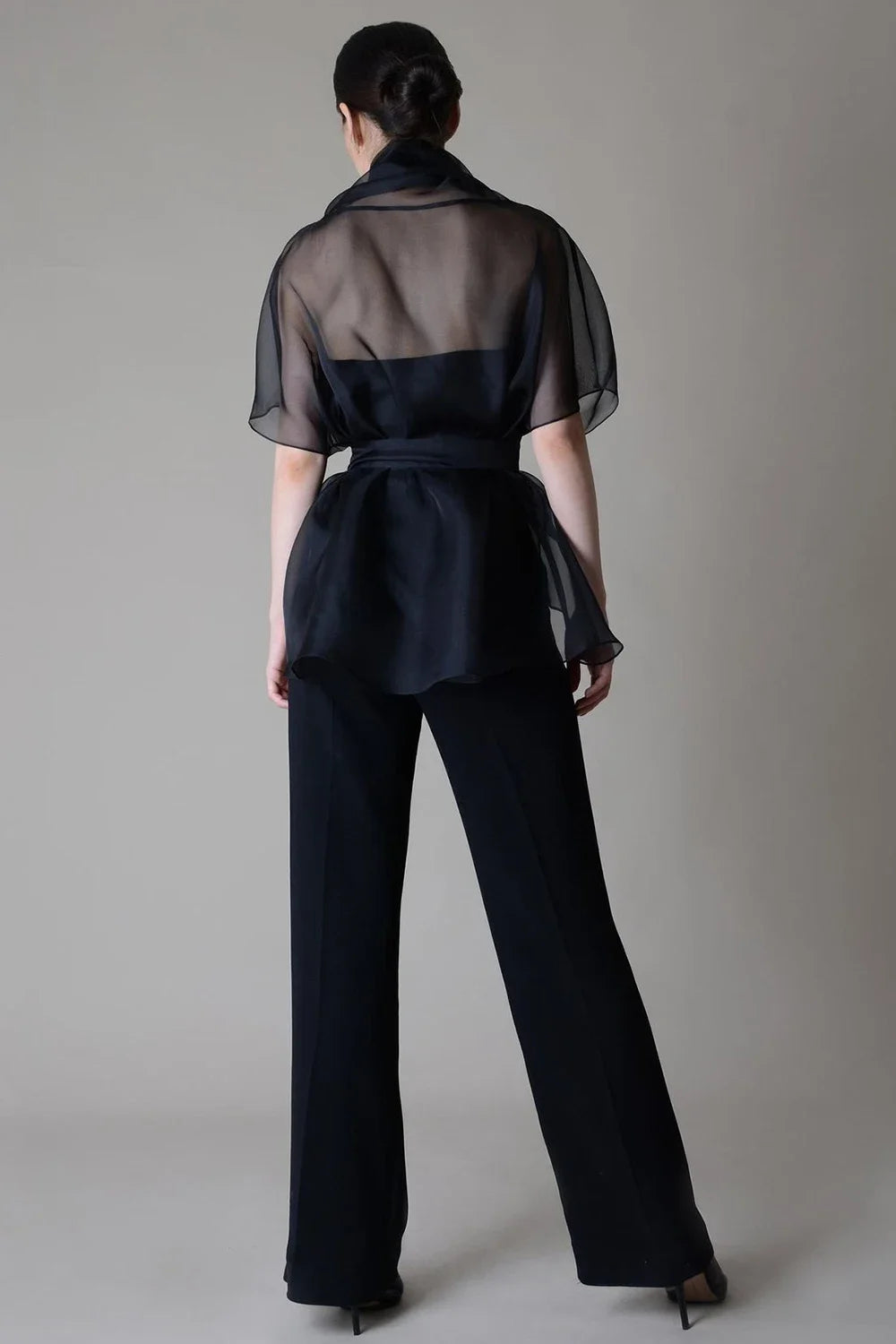Women's Organza Blouse Lace Up See Through V Neck Stand Collar American Retro Elegant Office Lady Half Sleeve Top Blouses