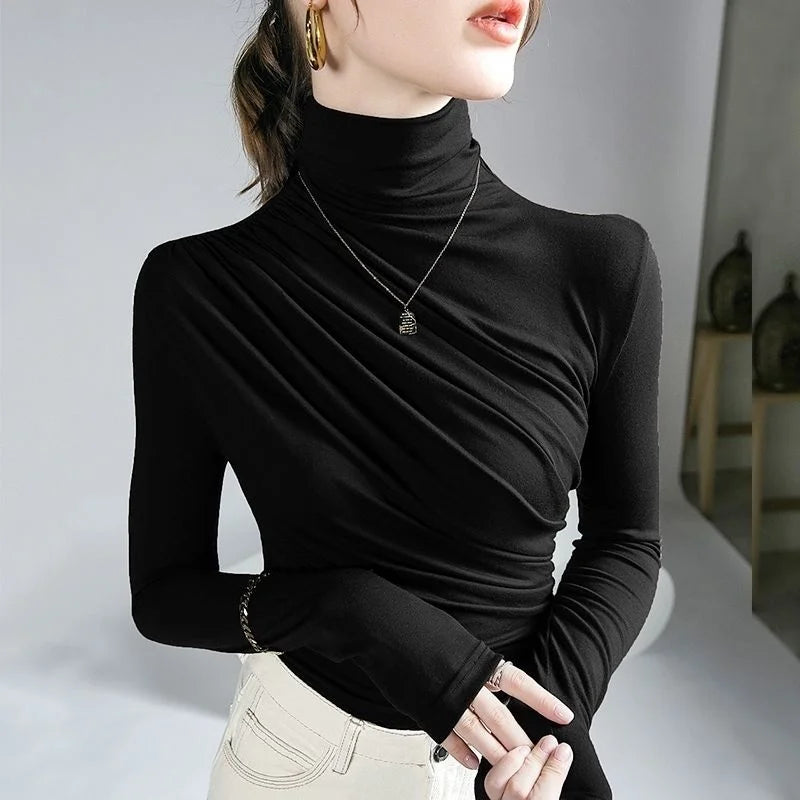 2023 Pleated High Neck for Women Blusas Clothes for Women Tops Shirts Blouses
