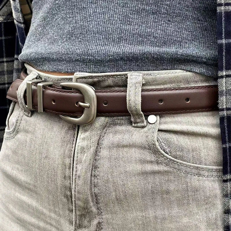 Unisex Vintage Belt Genuine Leather Cowskin Waistband Black with Silver Buckle for Men and Women Fashion Belt for Jeans Pants