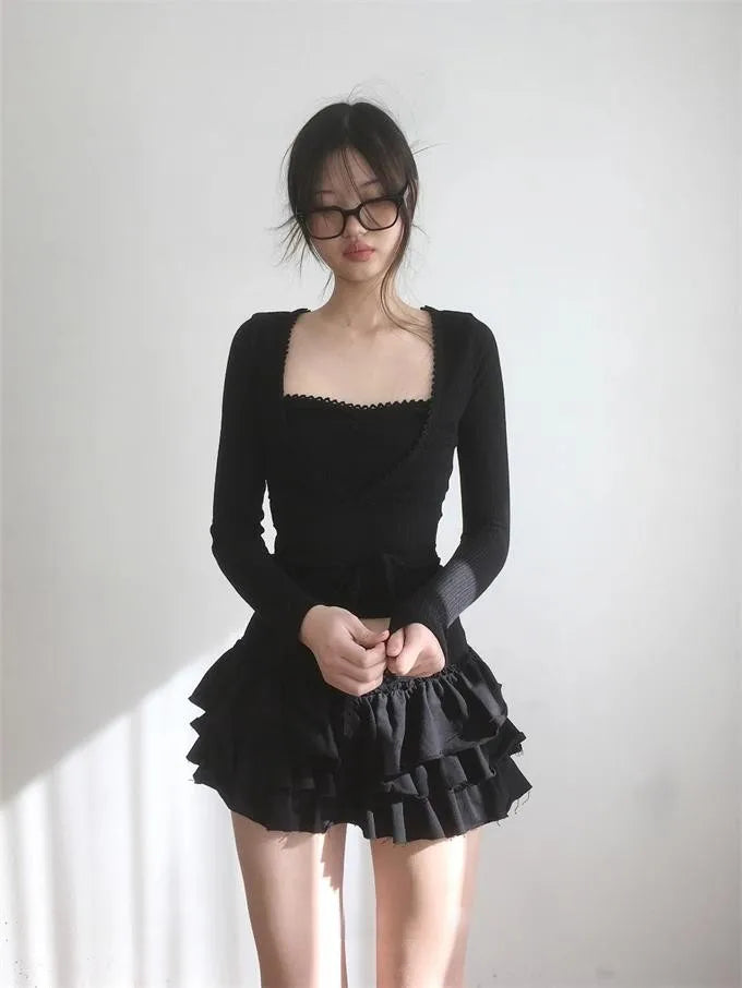 Ruffle Mini Skirt | High Waist Layered Cake Skirt Y2K Ballet Style