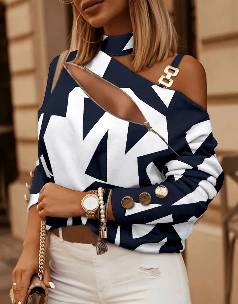 New Spring Summer Women's Fashion Printed Shirt With Zipper Metal Buckle Sexy Off Shoulder Casual Loose Long Sleeve Shirt