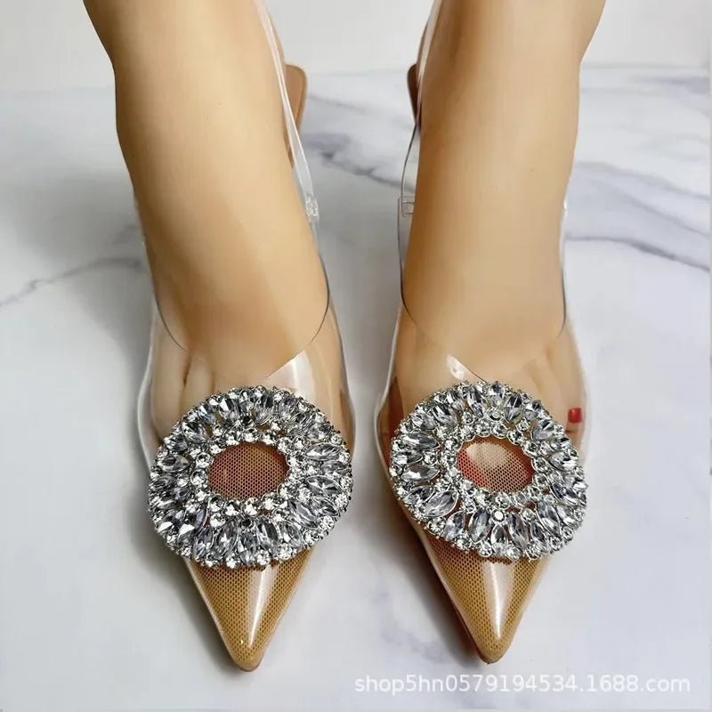 Fashionable Pointed Toe High Heels Diamond Embellished PVC Versatile Elegant Spring Summer New Arrival Single Shoes