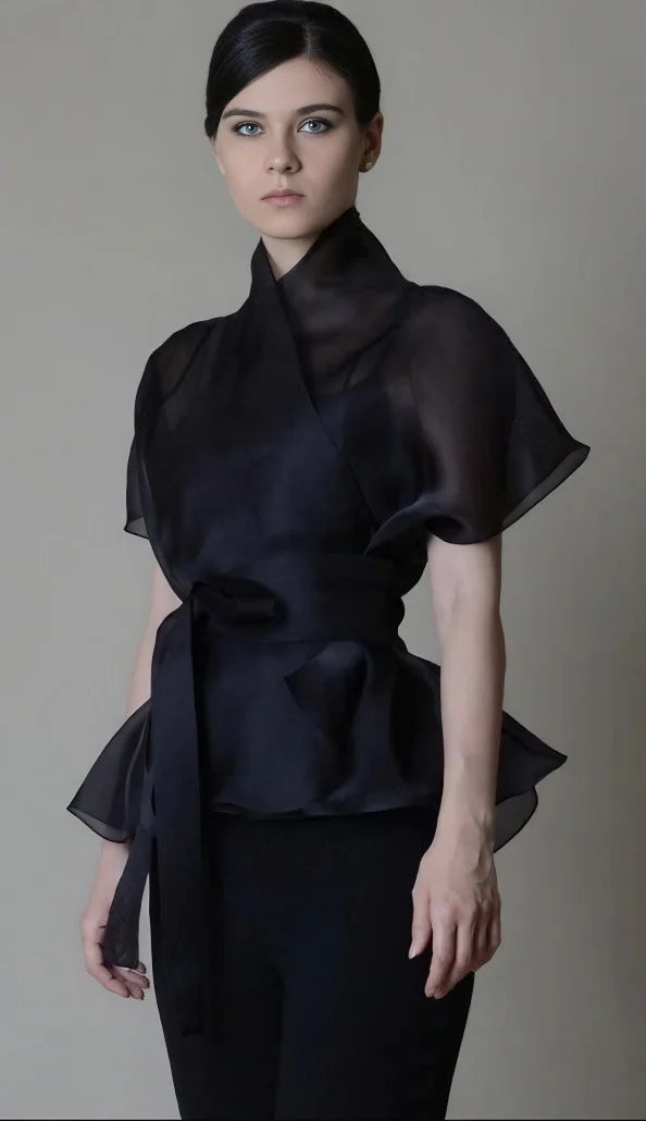 Women's Organza Blouse Lace Up See Through V Neck Stand Collar American Retro Elegant Office Lady Half Sleeve Top Blouses