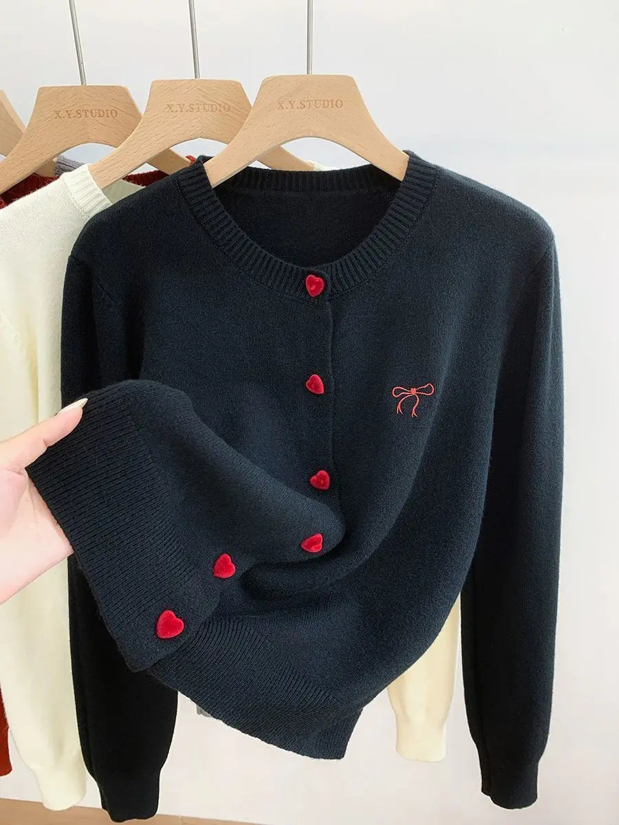 Omen's Clothing Vintage Love Button Knit Cardigan Autumn/Winter Fashion All-match Bowknot Embroidery Sweaters Lady Elegant Tops