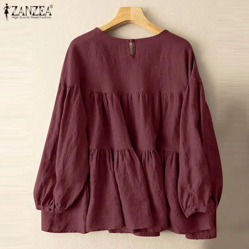 ZANZEA Autumn Vintage Cotton Blouse Woman Long Sleeve O-Neck Shirt Female Casual Solid Blusas Fashion Button Cuffs Chemise 2023
