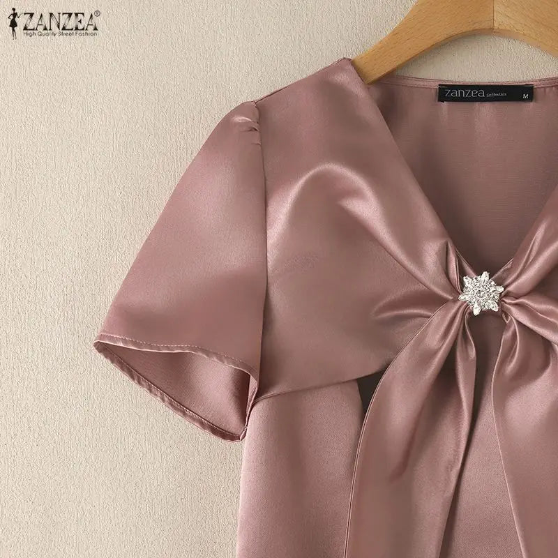 Women's Elegant Satin Blouses V-Neck Short Sleeve Knotted Bow Diamond Details Solid Color