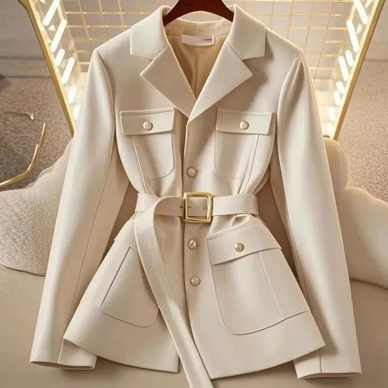 Women Blazer Coat New 2026 Autumn Long Sleeve Single Breasted Belt Pocket Elegant Office Ladies Suit Jacket Lady Outerwear Tops